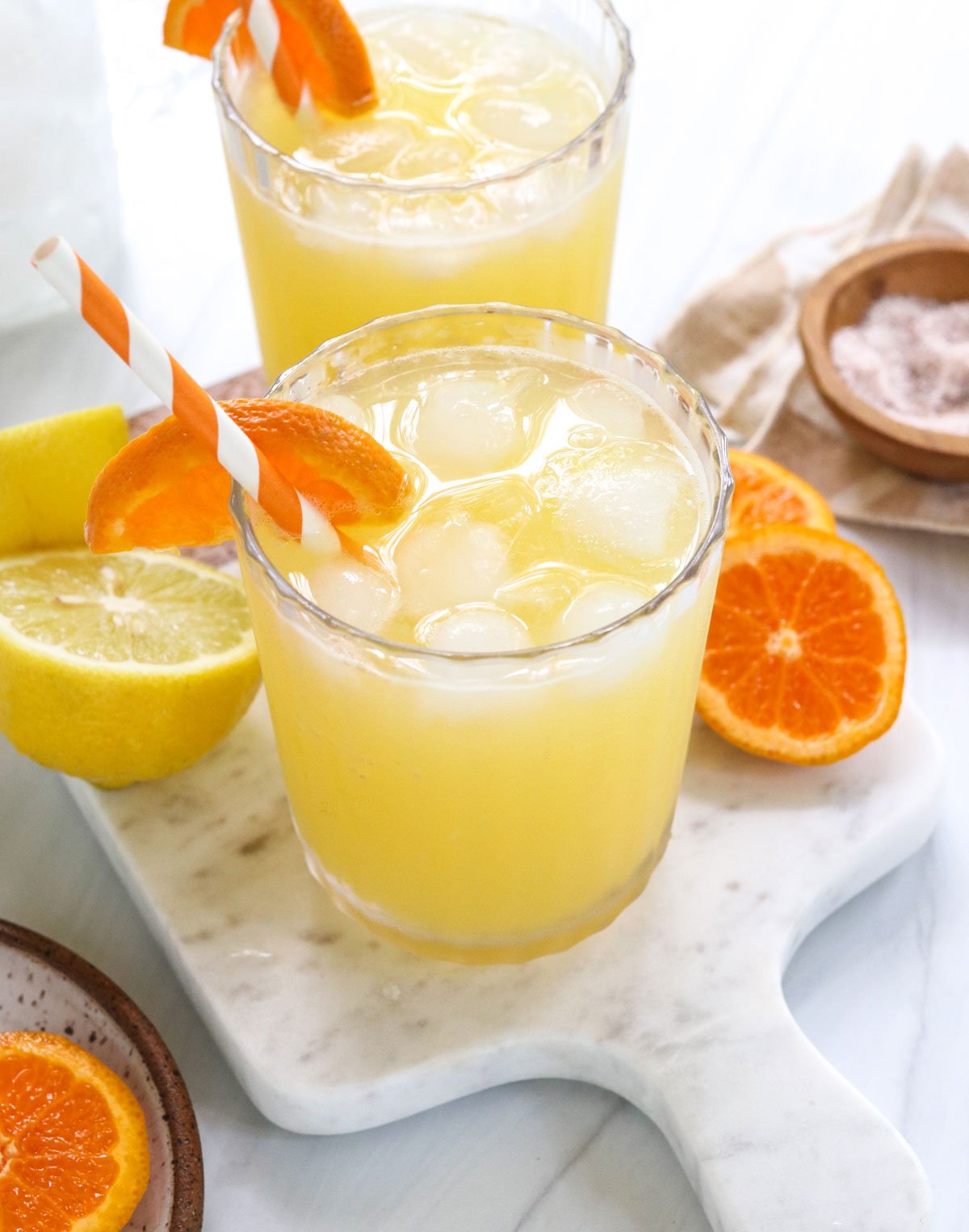 two adrenal cocktails on marble board.