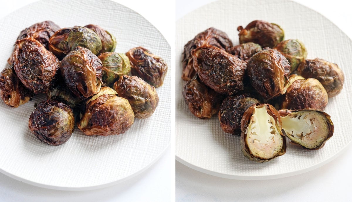 brussels sprouts on a white plate with one cut in half