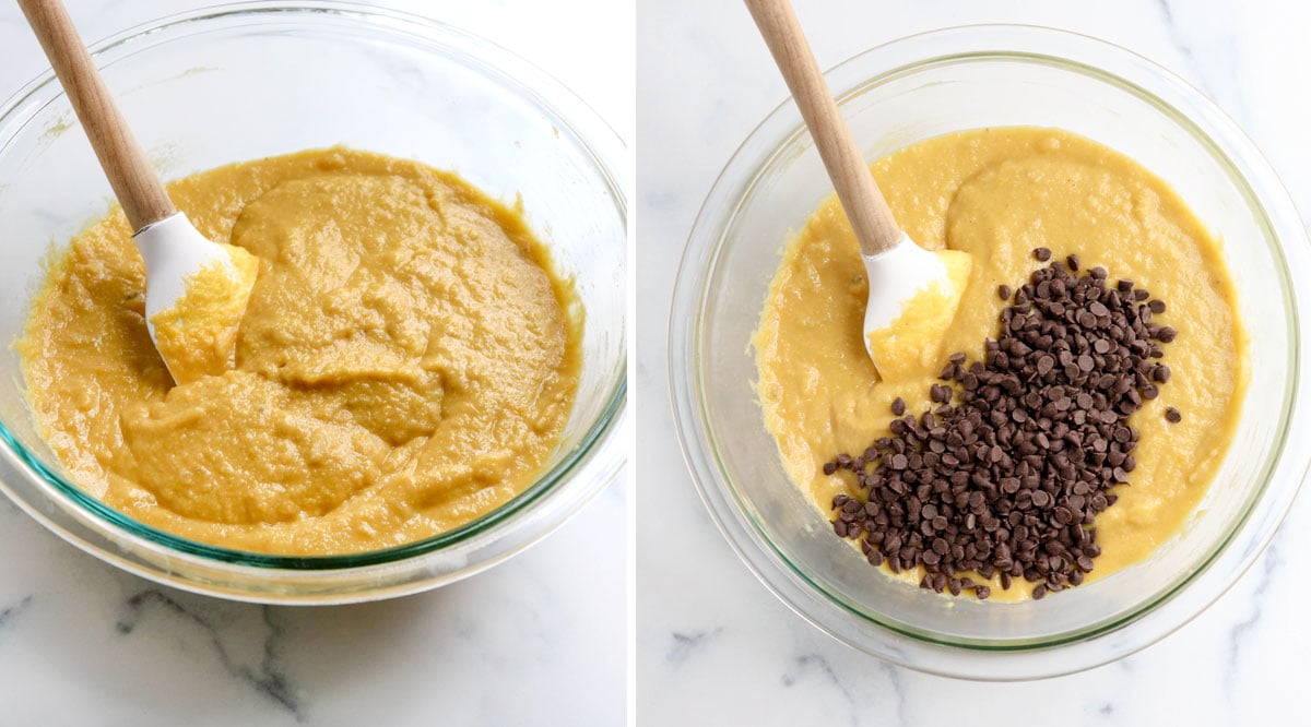 mixed almond flour muffin batter with chocolate chips added