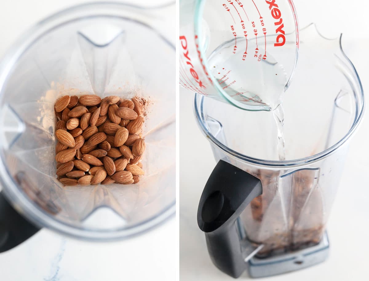 almonds and water going into blender