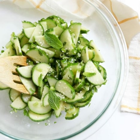 cucumber salad overhead in bowl