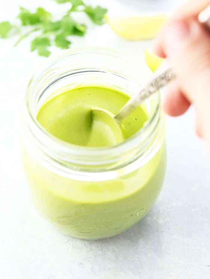 Avocado Cilantro Vegan Dressing in a glass jar