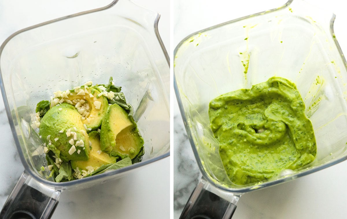 avocado garlic and lemon juice blended together in a blender pitcher.