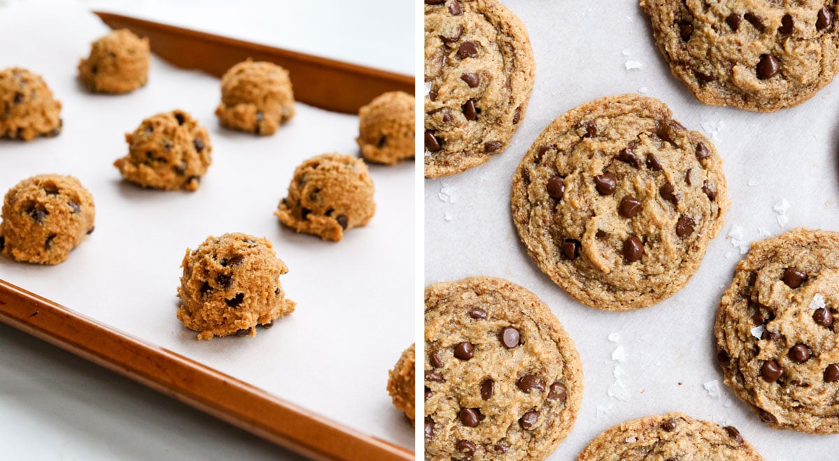 chocolate chip cookie dough baked on pan.