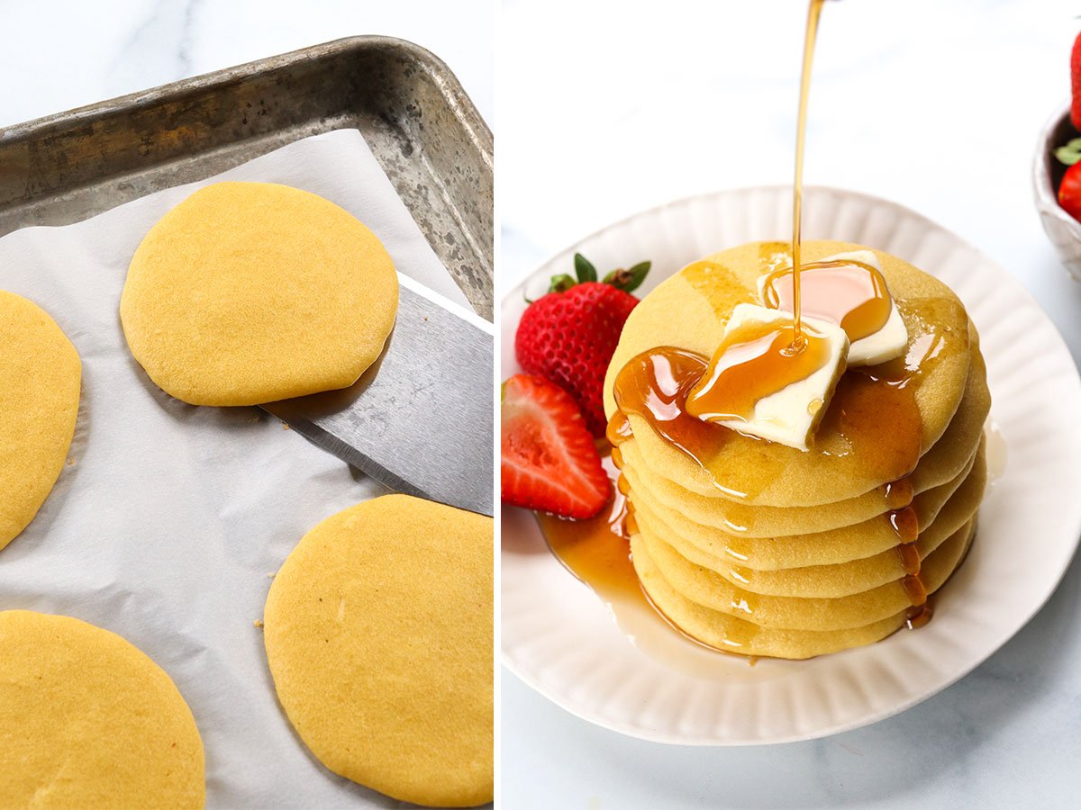 baked pancakes removed from the pan and stacked on a white plate.