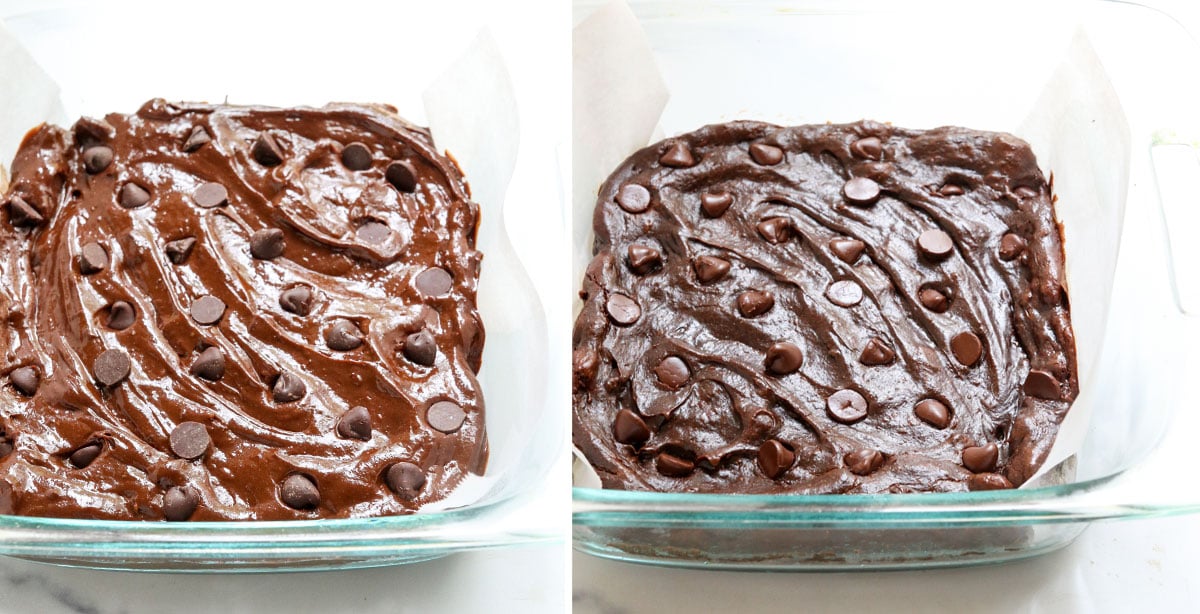 avocado brownie batter in baking dish