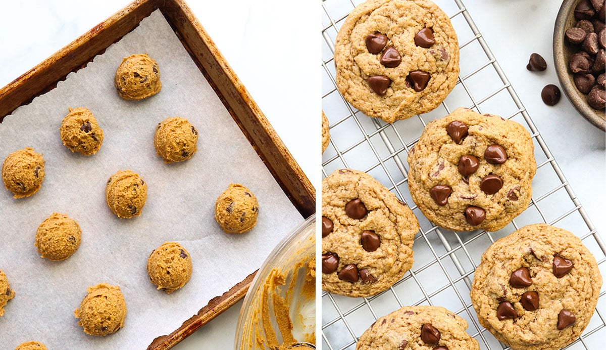 cookie dough on pan and on cooling rack after baking.