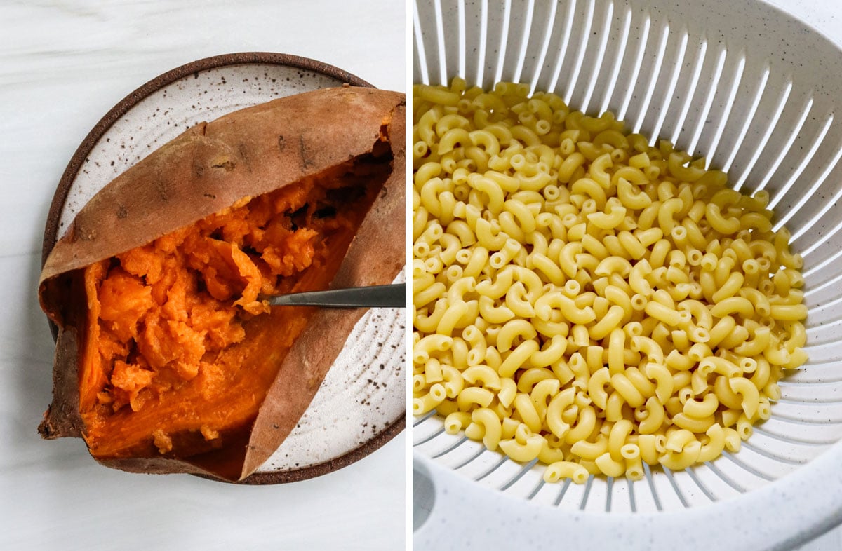 baked sweet potato and cooked pasta.