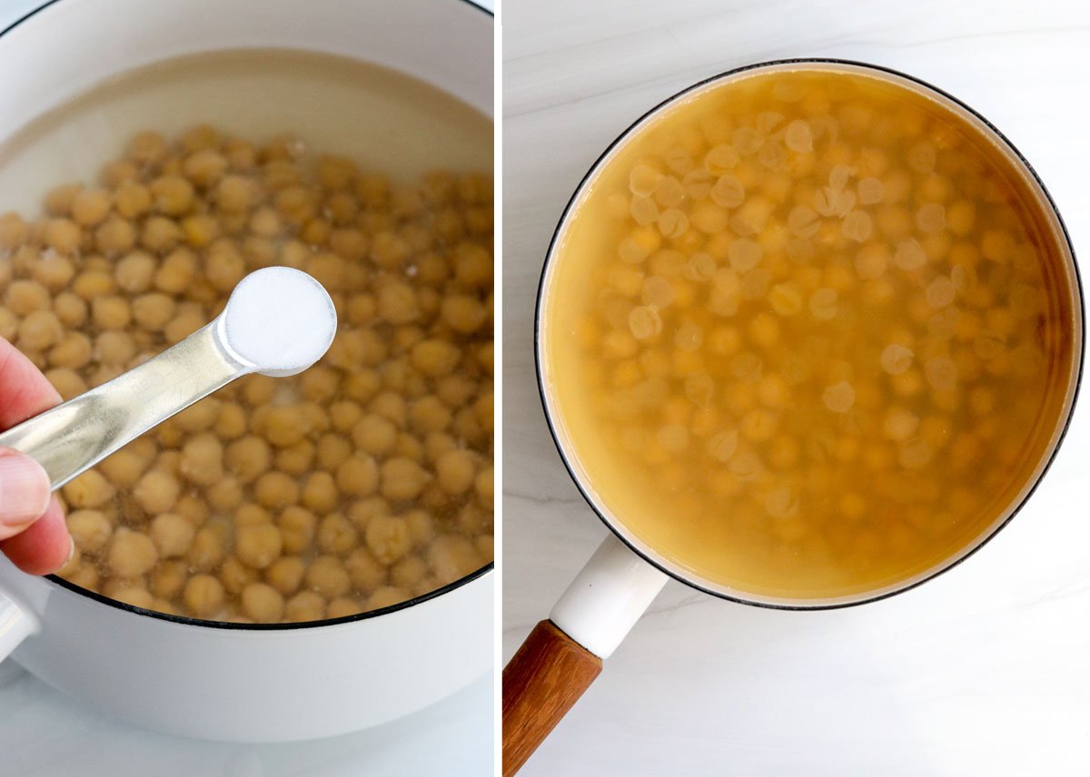 chickpeas boiled with baking soda in pot.