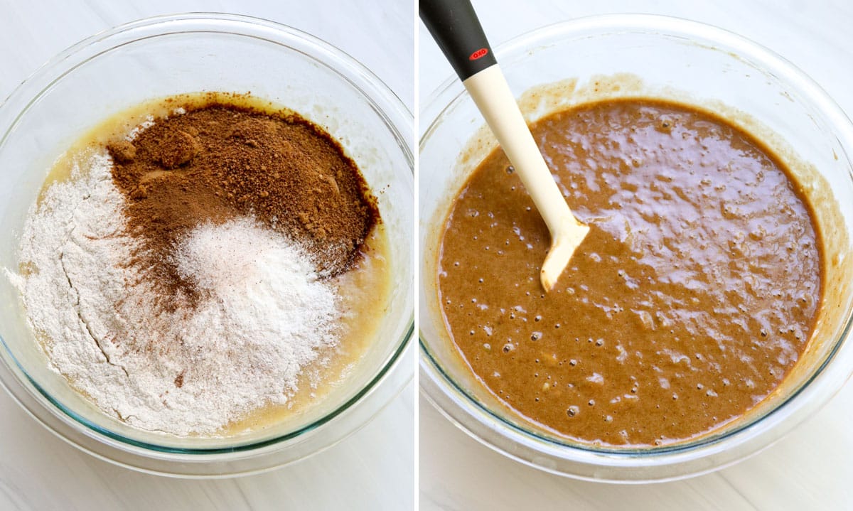 banana bread batter mixed in glass bowl.