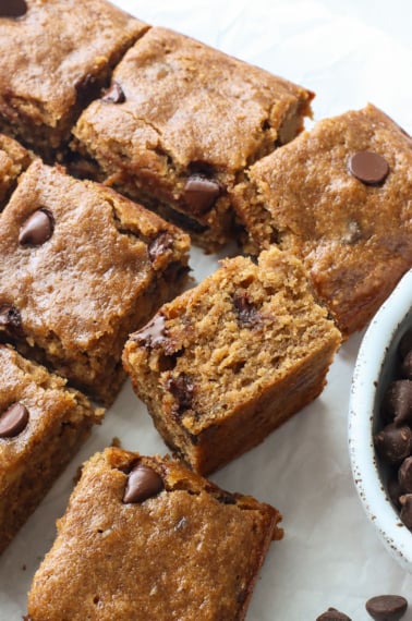 close up of a banana chocolate chip bar on its side.