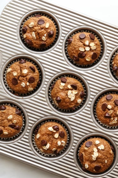 baked banana oatmeal muffins in baking pan.