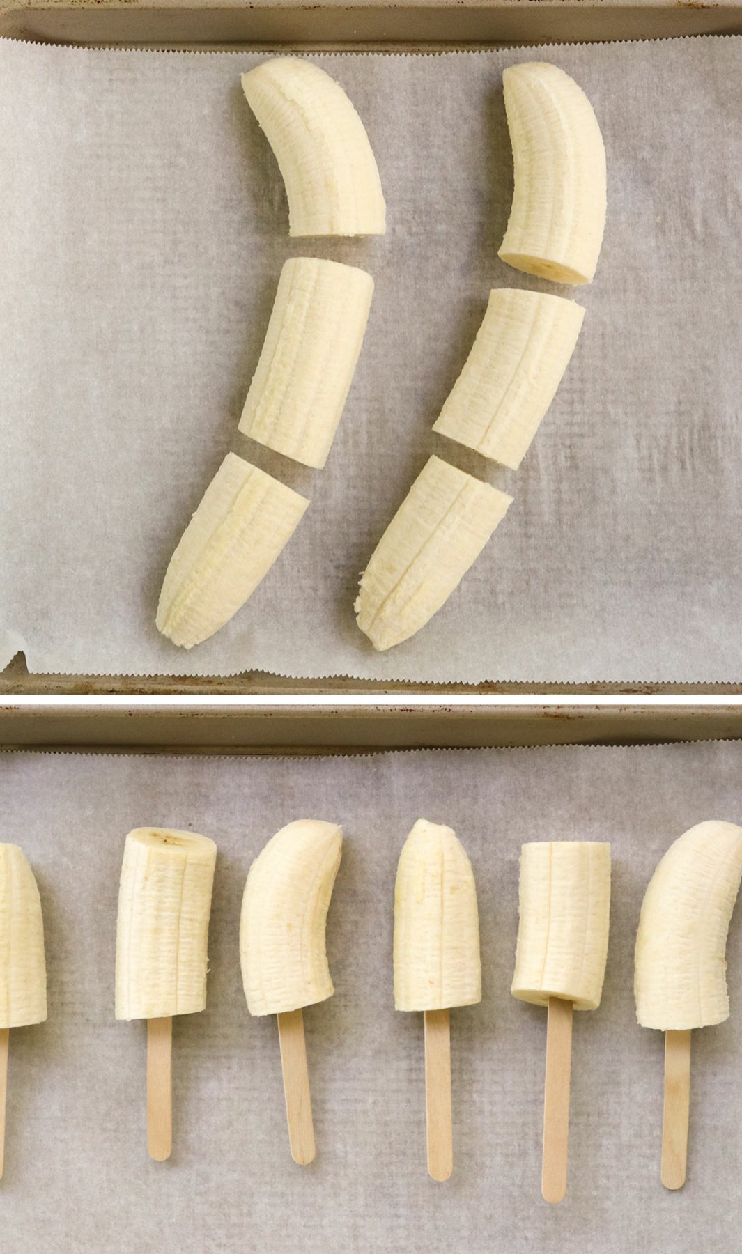 bananas sliced into thirds with popsicle sticks inserted.