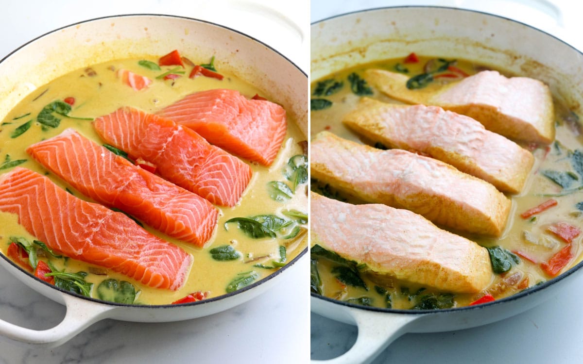 before and after of cooked salmon filets in pan