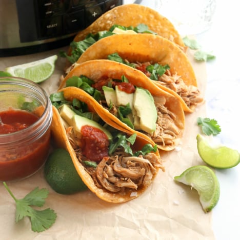 chicken tacos in front of slow cooker