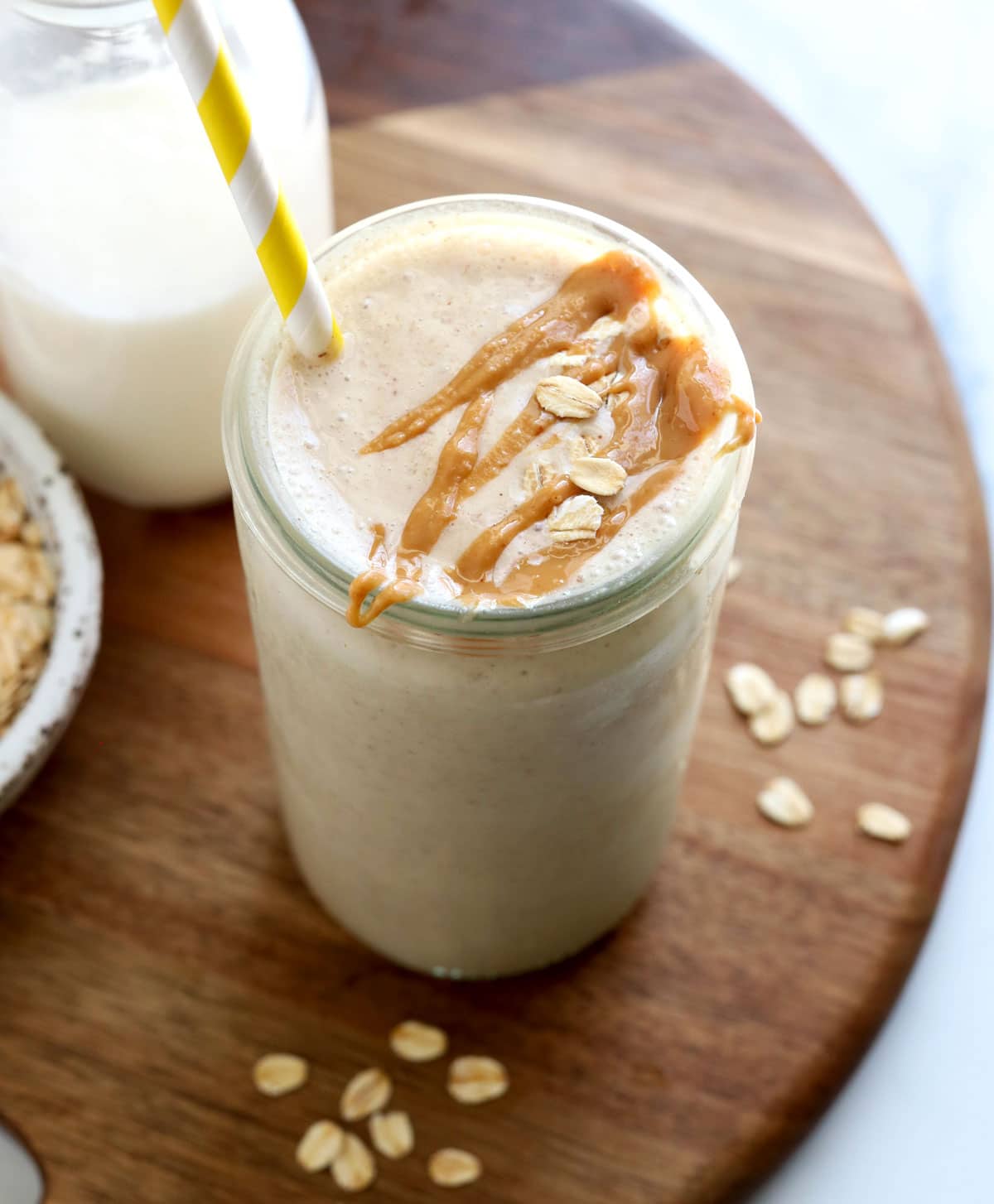 oatmeal smoothie on wood board