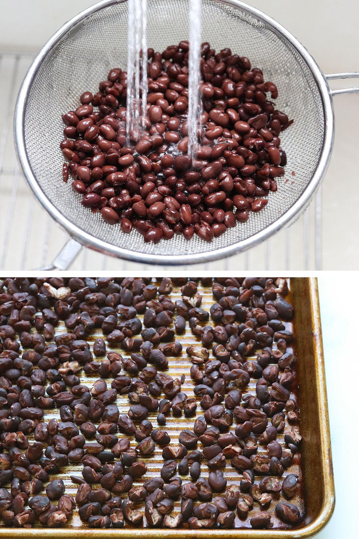 rinsed black beans dried on a baking sheet. 