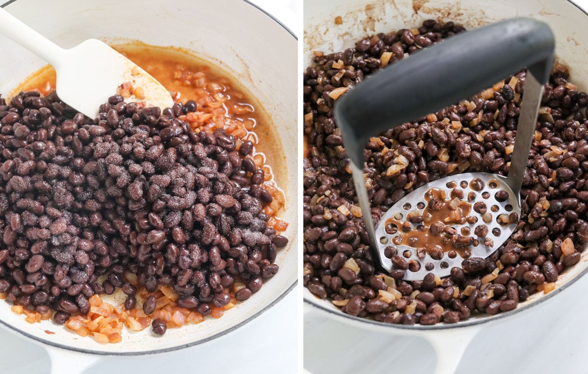 beans cooked and mashed in pan.