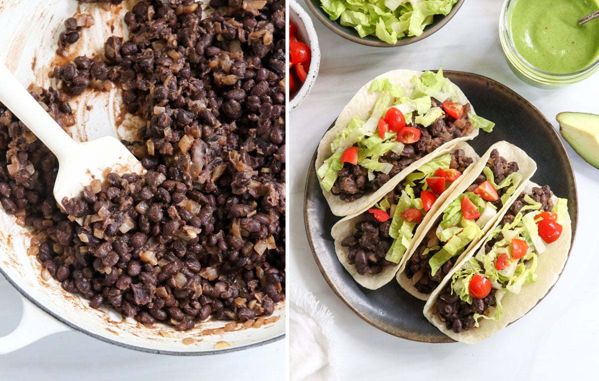 finished black bean filling in tortillas.