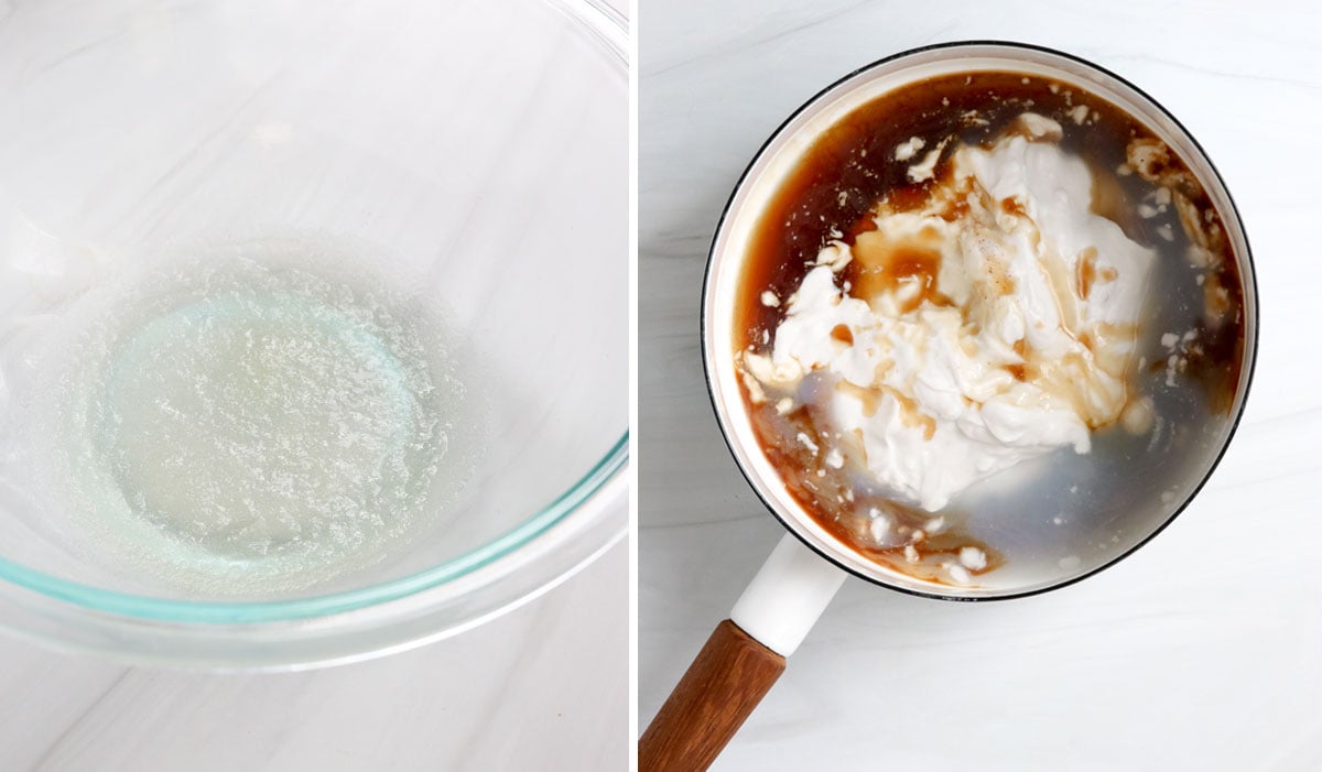 gelatin bloomed in bowl and coconut milk in pan.