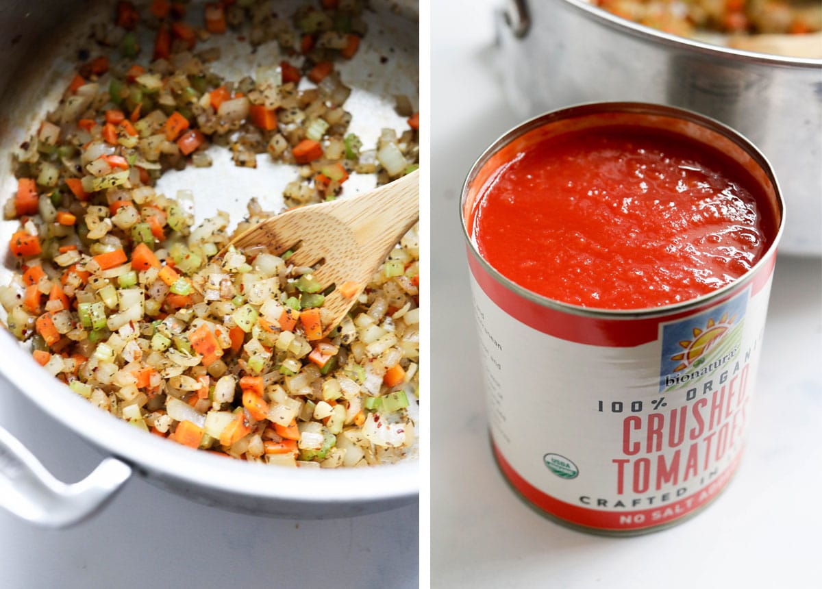 sauteed vegetable in pan and a can of crushed tomatoes