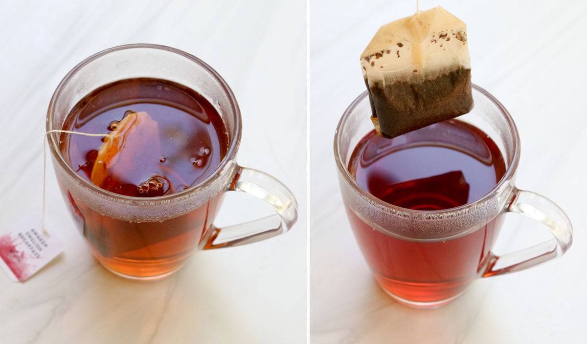 tea brewed and the bag removed from the mug.