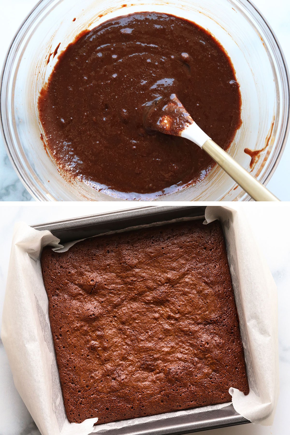 brownie batter mixed in glass bowl and baked in metal pan.