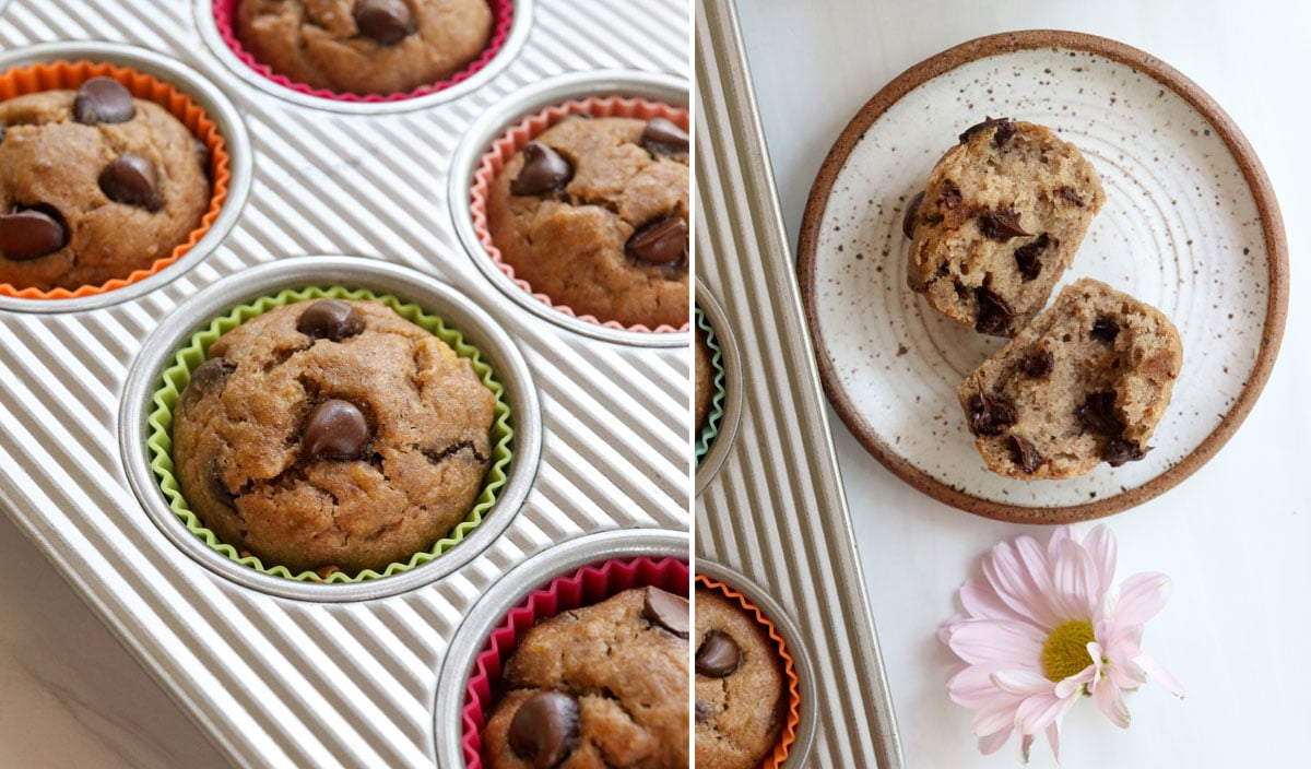 finished muffins in pan and split apart on a plate.