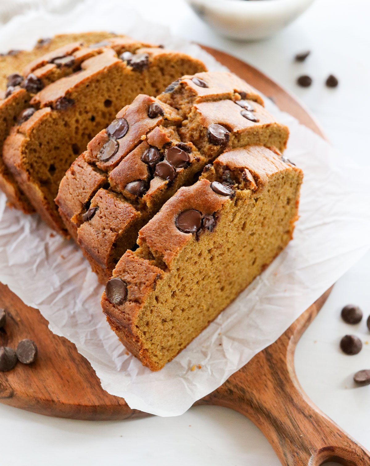 buckwheat pumpkin bread slices with chocolate chips on top.