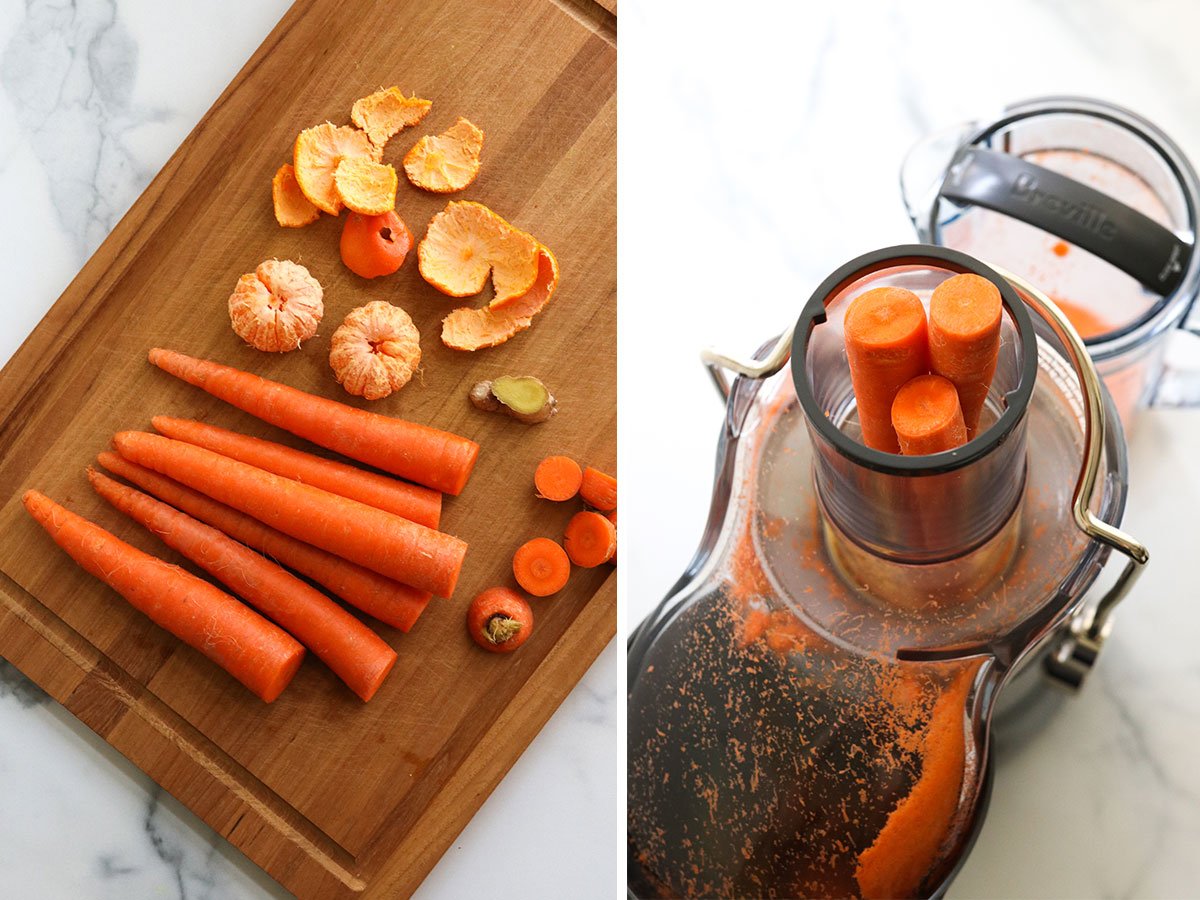 carrots, oranges, and ginger prepared on cutting board to fit in the juicing chute.