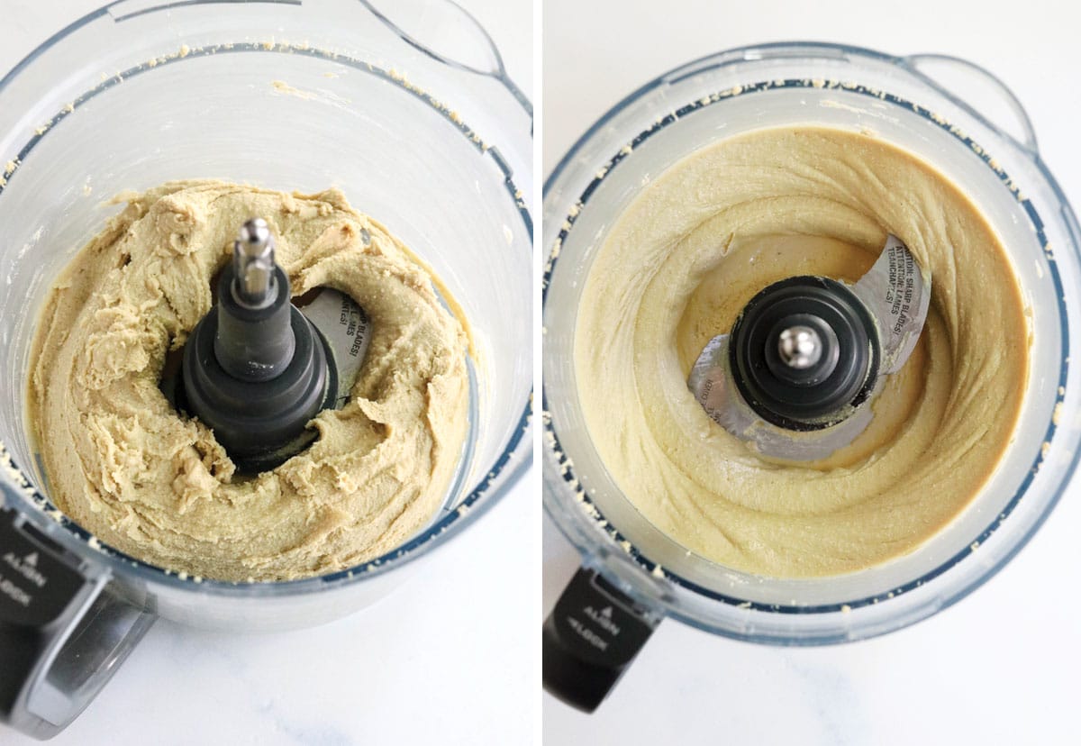 thick cashew butter starting to smooth out in the food processor bowl