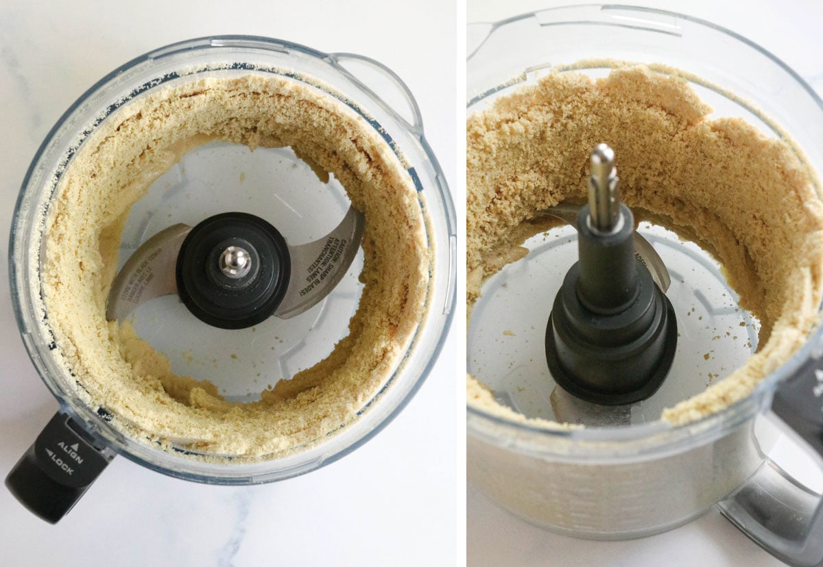 powdered cashews against the side of food processor