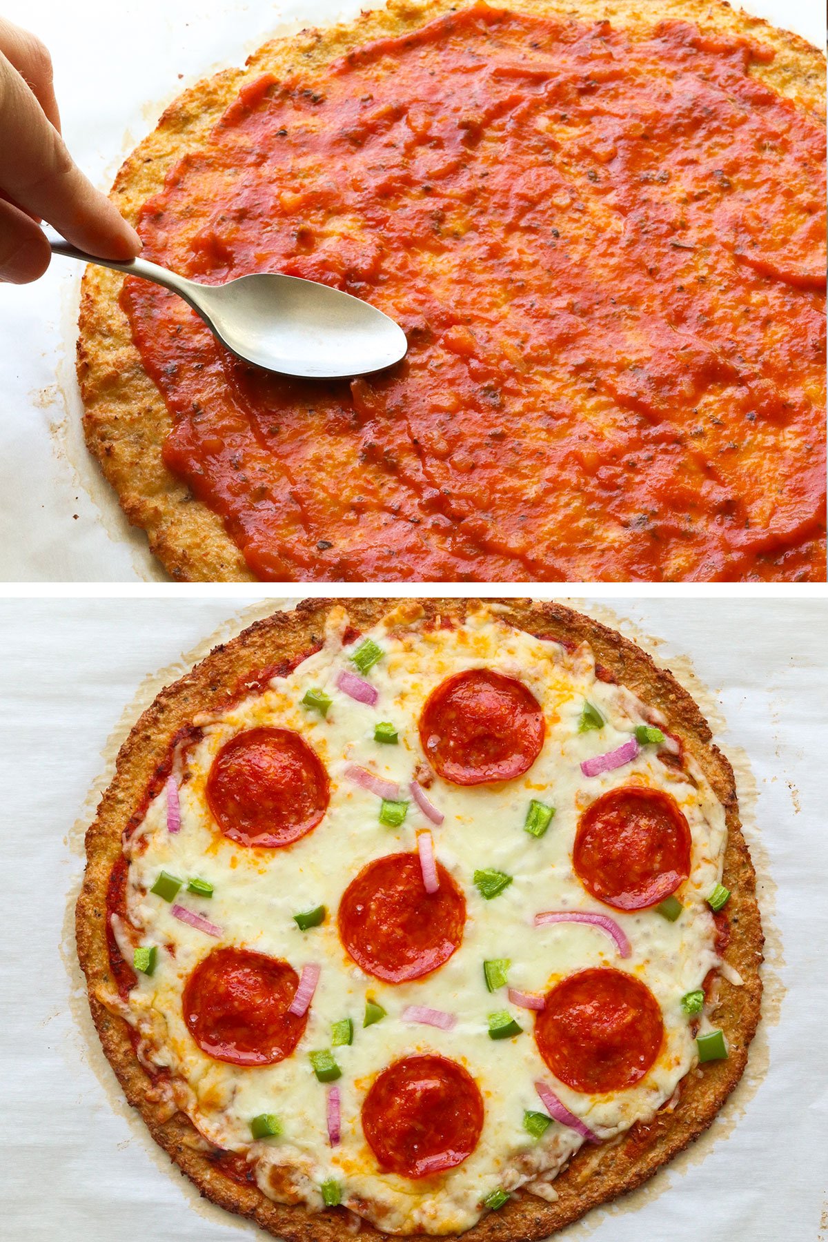 pizza toppings added to a baked cauliflower pizza crust.