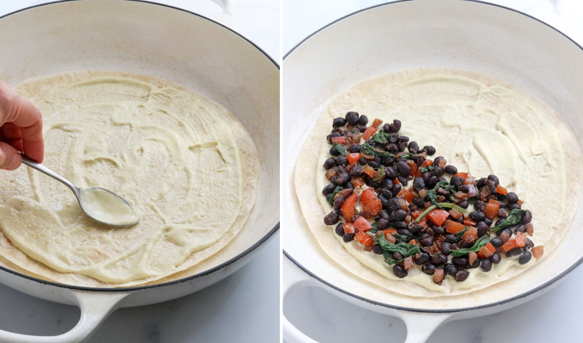 cheese and beans added to tortilla in skillet