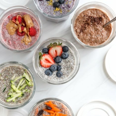 chia seed pudding flavors in glass jars.