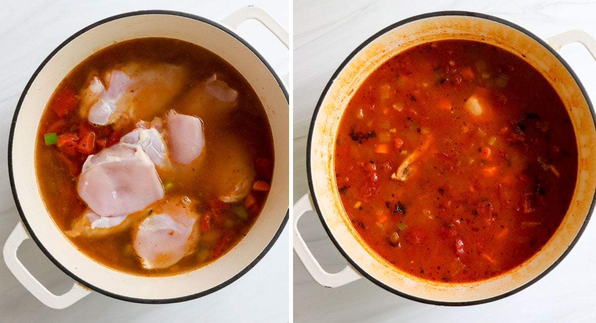 chicken thighs added to pot of Mexican soup.