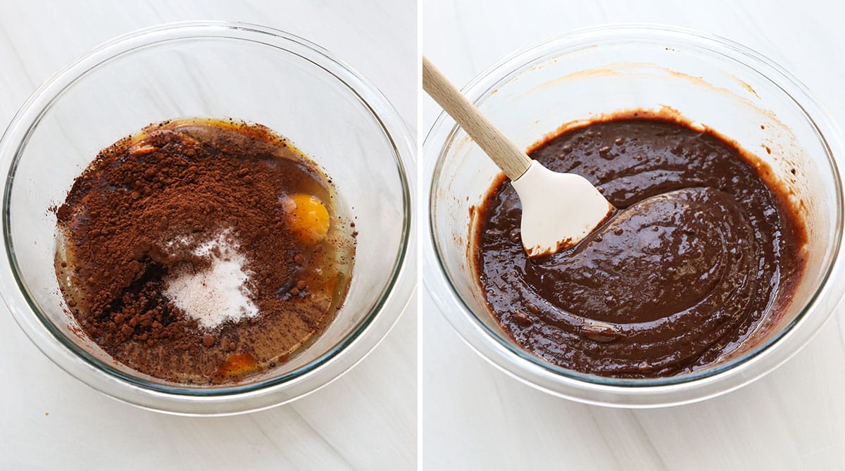 chocolate muffin batter mixed together in glass bowl.