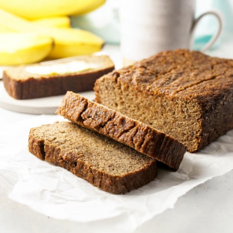 two slices of banana bread cut off loaf