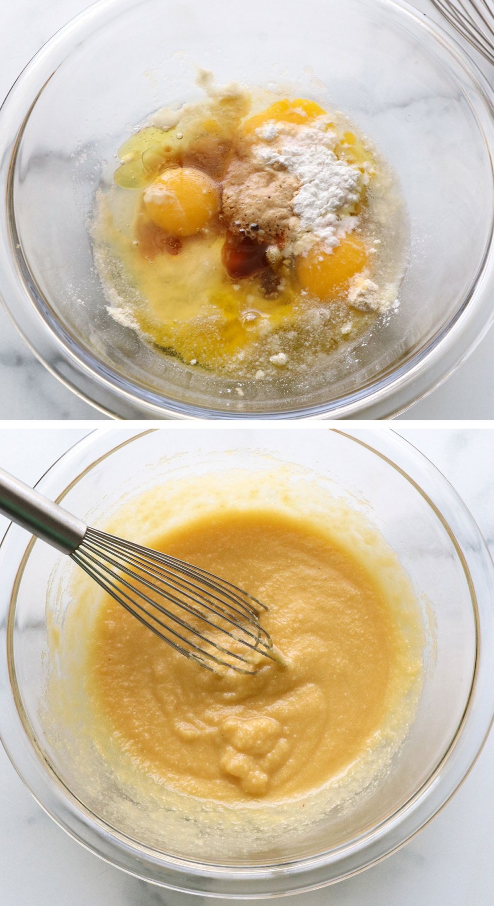 coconut flour, eggs, oil, maple syrup, and baking powder mixed for pancake batter in a glass bowl.