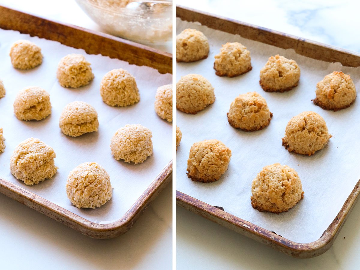 coconut macaroons before and after baking on a pan.