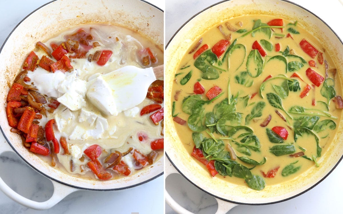 coconut milk and spinach wilted in the pan