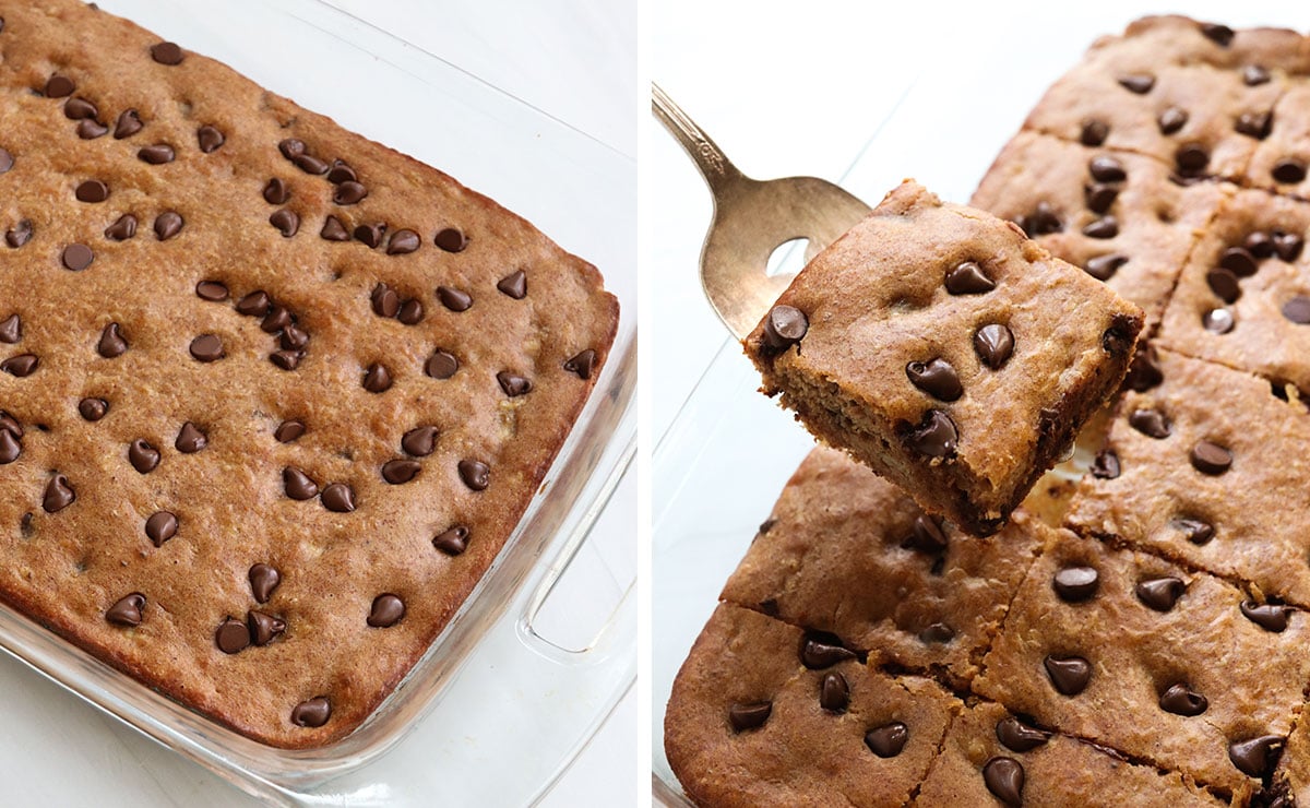 banana snack cake baked and sliced in pan.