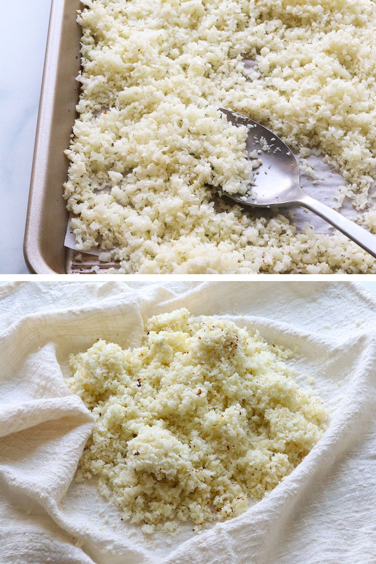 cauliflower cooked on a sheet pan and transferred to a clean towel.