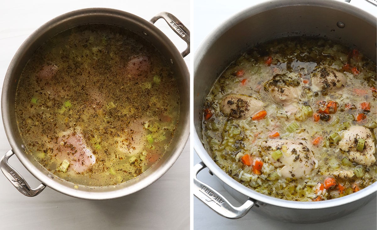 chicken covered with water and cooked until plump in a stainless pot.