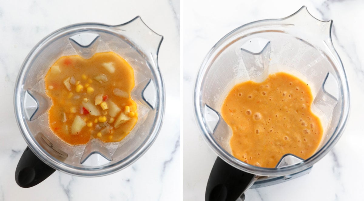 corn chowder in blender and blended