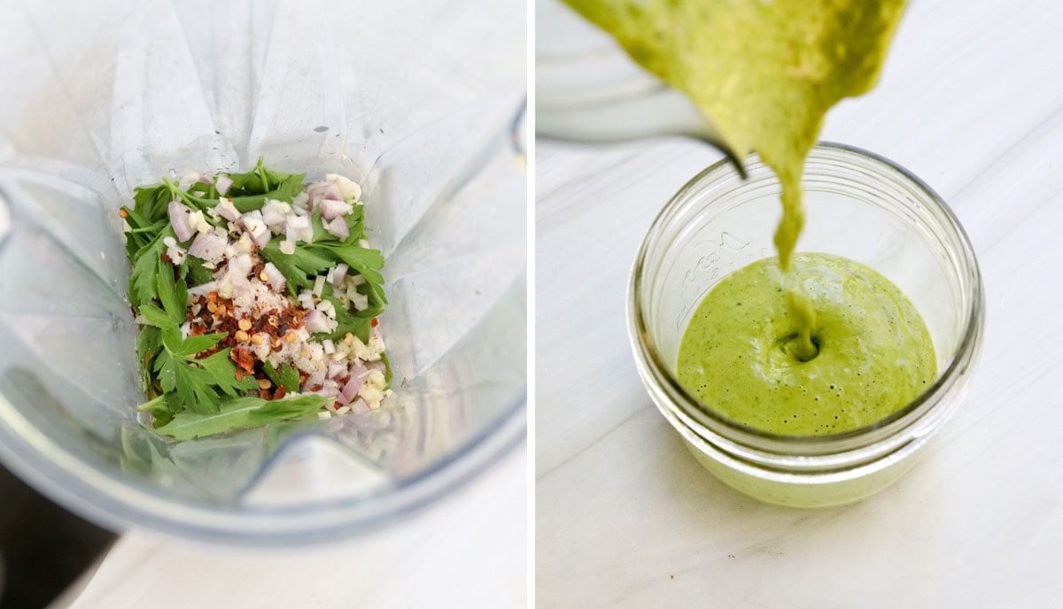 dressing ingredients blended and poured into jar.