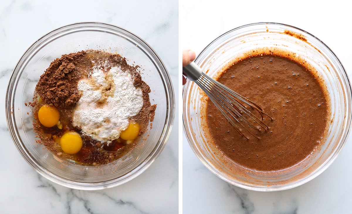 almond flour cupcake batter mixed in a glass bowl with whisk.