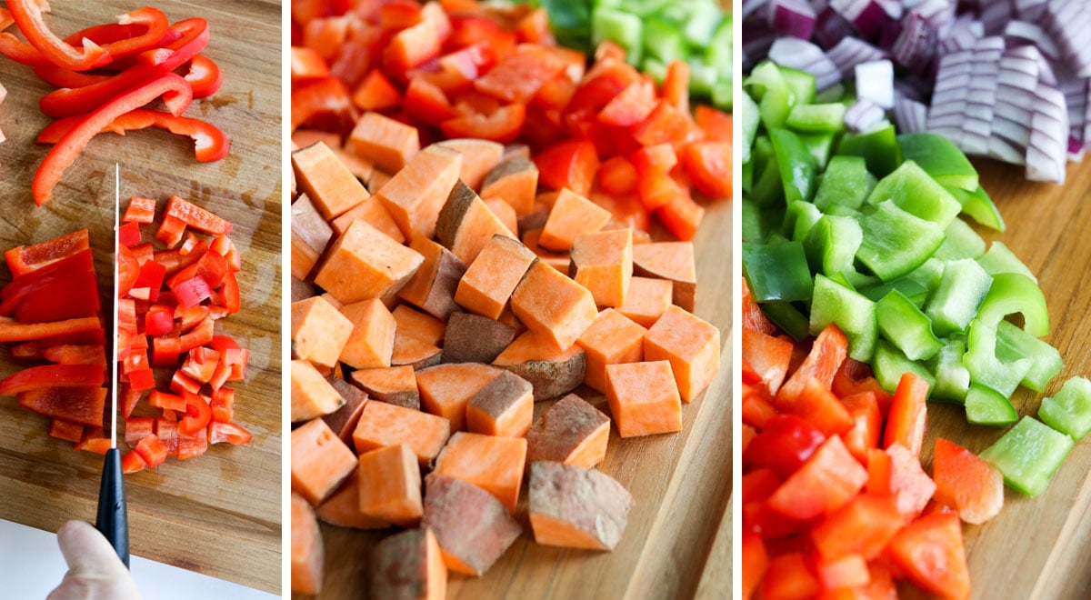 sweet potatoes and veggies on cutting board