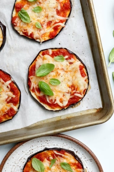 eggplant pizza on sheet pan