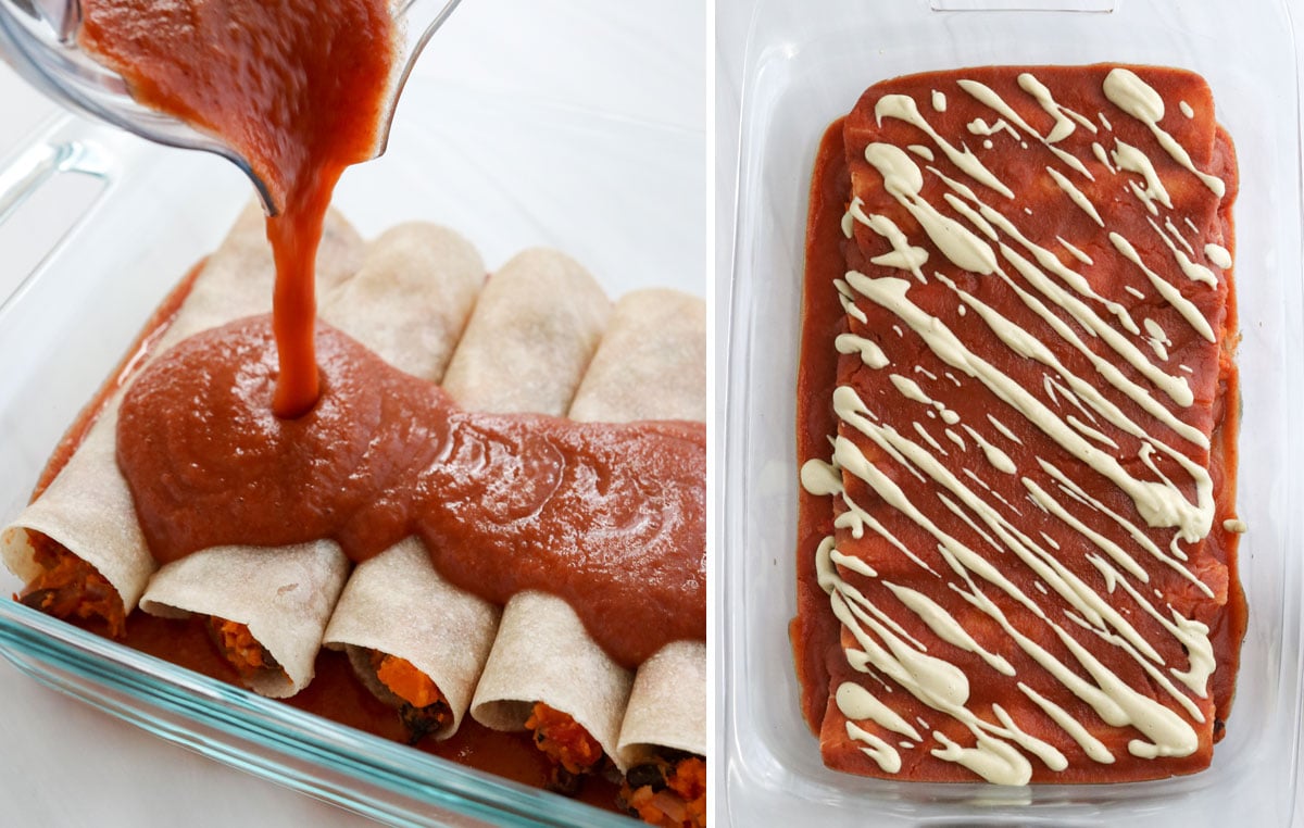 enchilada sauce added to pan of enchiladas